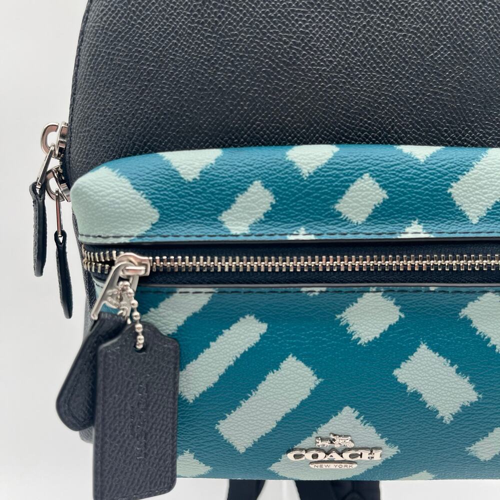 COACH NWOT Charlie Mini Wild Plaid Leather Backpack, Blue, $328 Retail - Picture 3 of 11